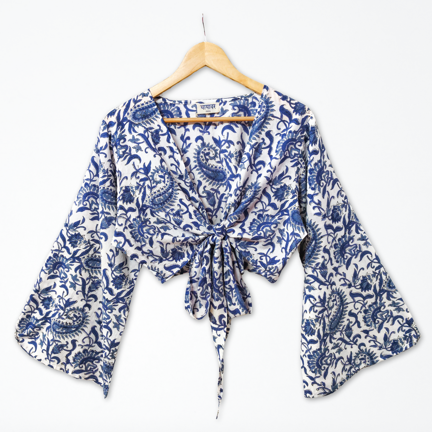 White Paisley Hand Block Printed Cotton Tie Up, Wrap Around Boho Crop Top - Free Size
