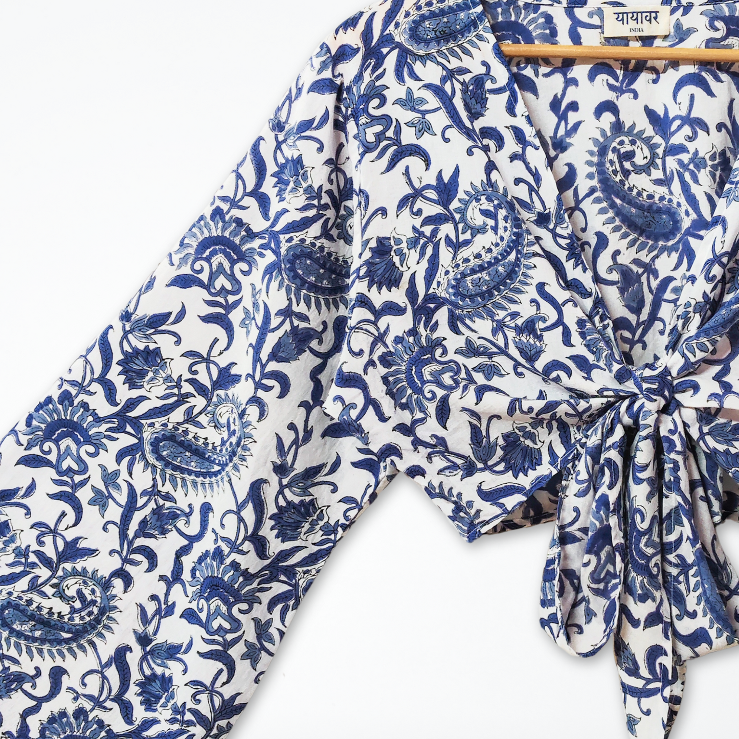 White Paisley Hand Block Printed Cotton Tie Up, Wrap Around Boho Crop Top - Free Size