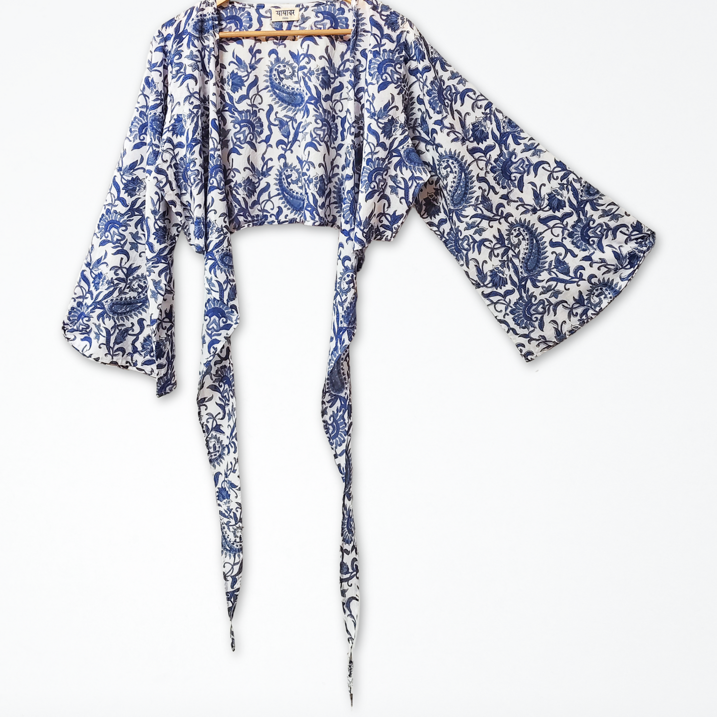 White Paisley Hand Block Printed Cotton Tie Up, Wrap Around Boho Crop Top - Free Size