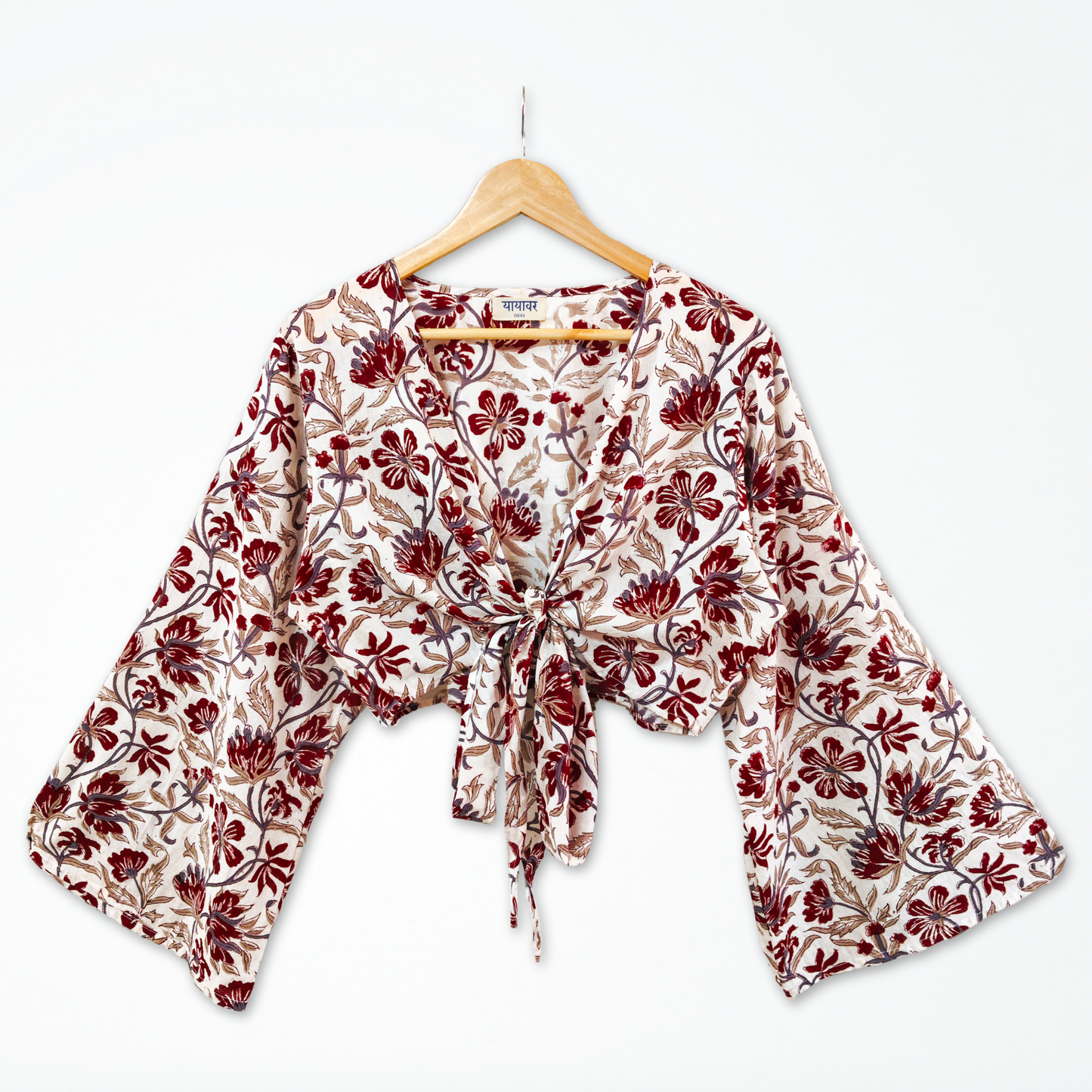 White Floral Hand Block Printed Cotton Tie Up, Wrap Around Boho Crop Top - Free Size