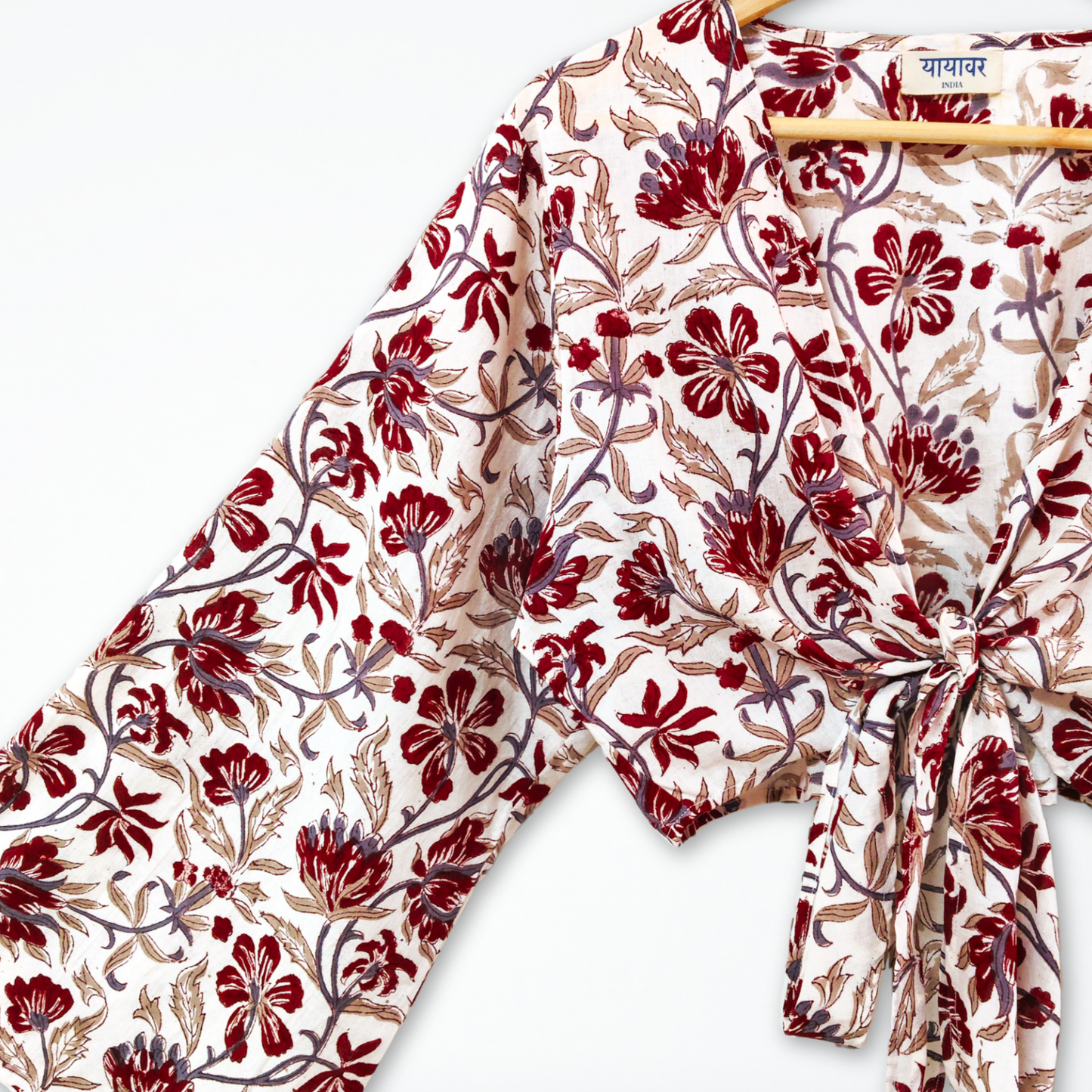 White Floral Hand Block Printed Cotton Tie Up, Wrap Around Boho Crop Top - Free Size
