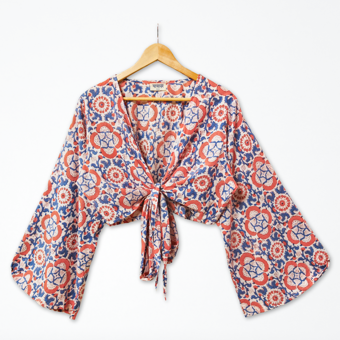 Floral Hand Block Printed Cotton Tie Up, Wrap Around Boho Crop Top - Free Size