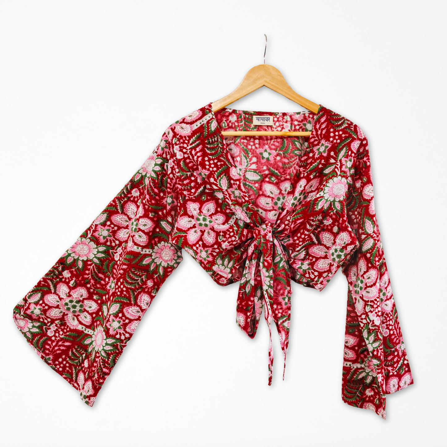 Red Floral Hand Block Printed Cotton Tie Up, Wrap Around Boho Crop Top - Free Size
