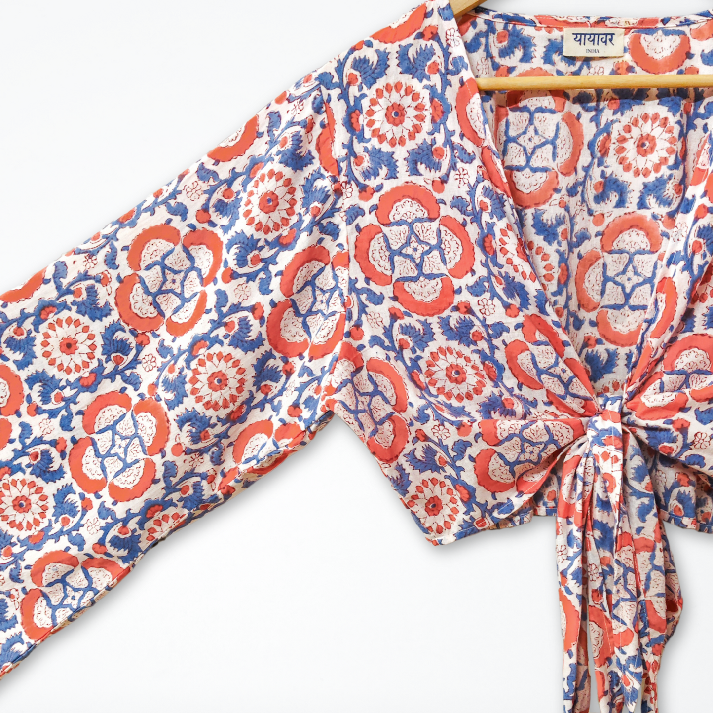 Floral Hand Block Printed Cotton Tie Up, Wrap Around Boho Crop Top - Free Size