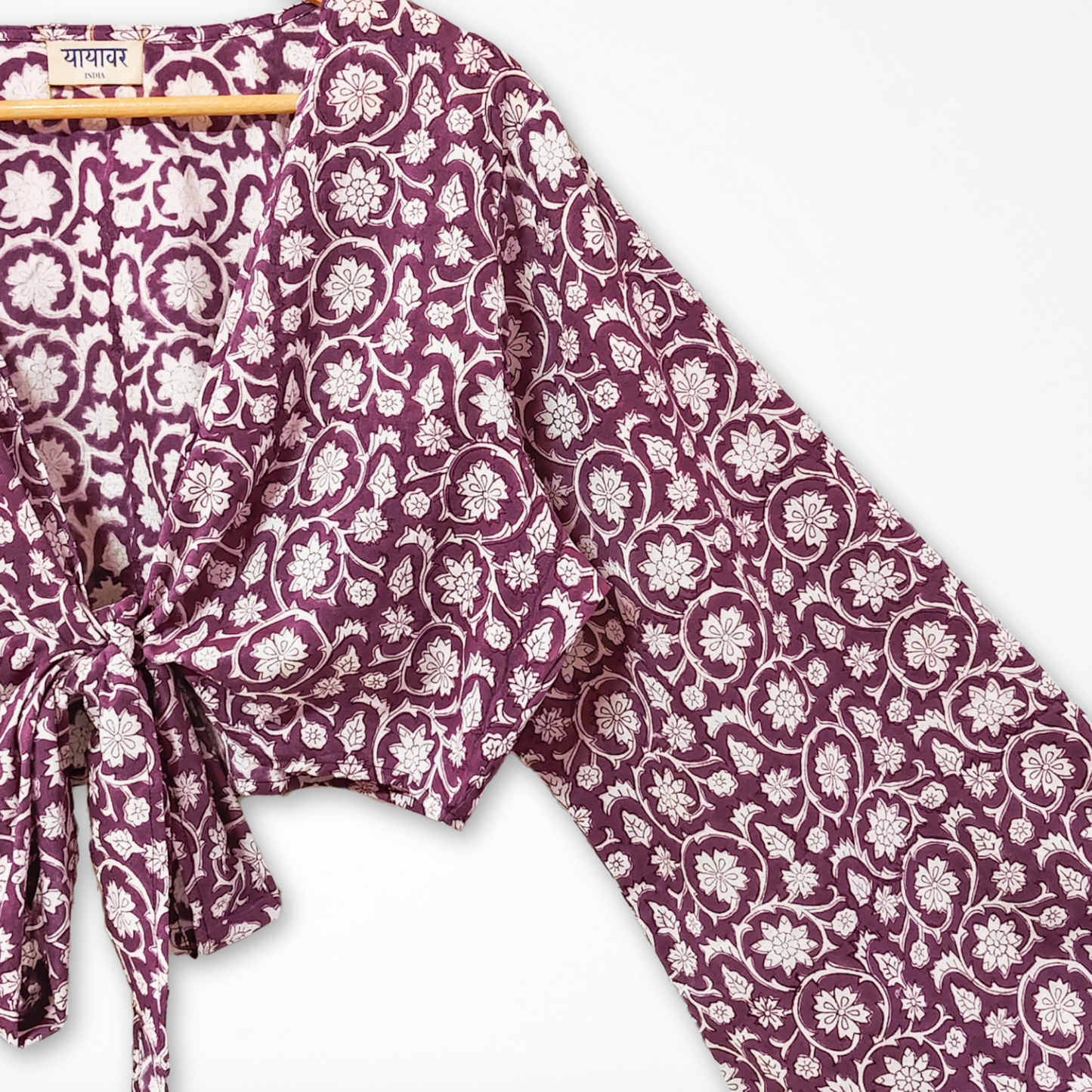 Purple Floral Hand Block Printed Cotton Tie Up, Wrap Around Boho Crop Top - Free Size