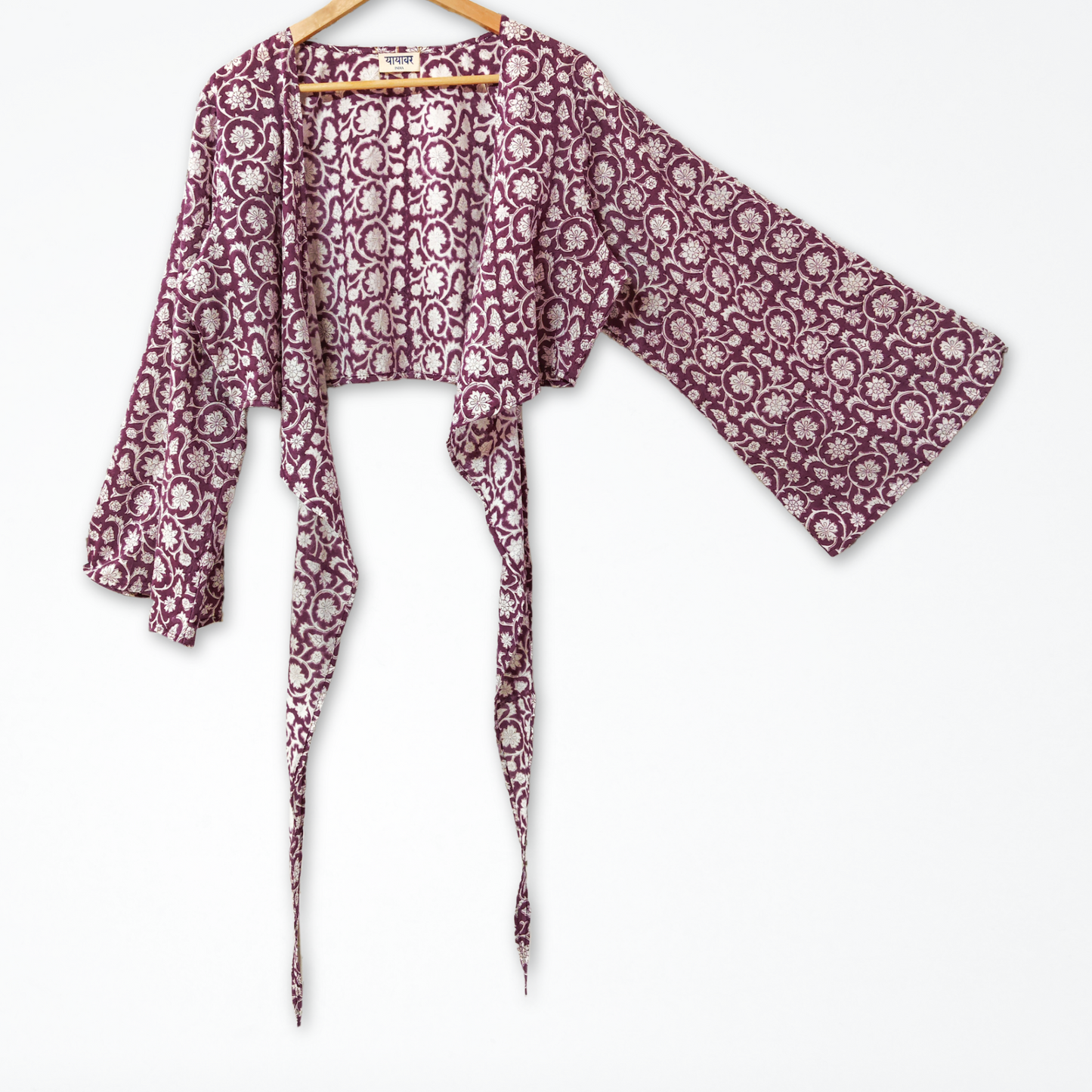 Purple Floral Hand Block Printed Cotton Tie Up, Wrap Around Boho Crop Top - Free Size