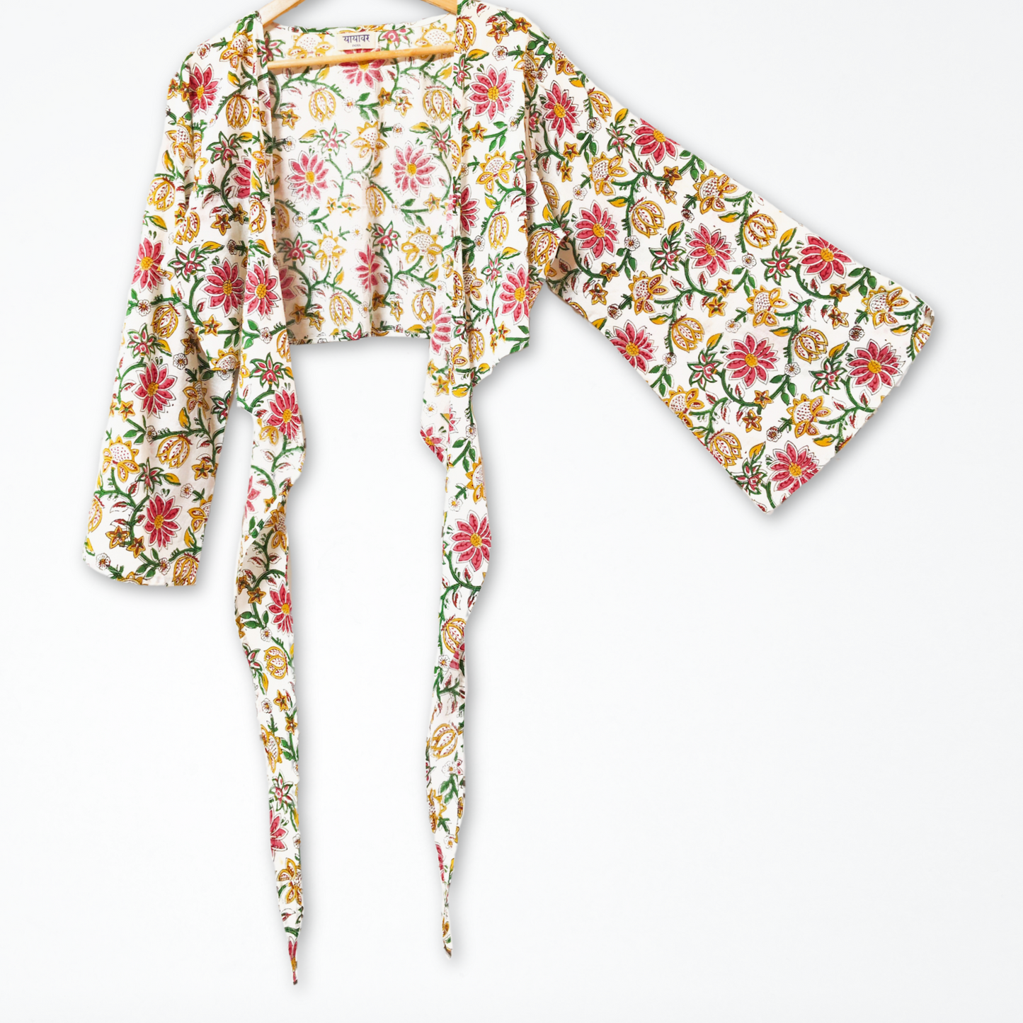 Floral Hand Block Printed Cotton Tie Up, Wrap Around Boho Crop Top - Free Size