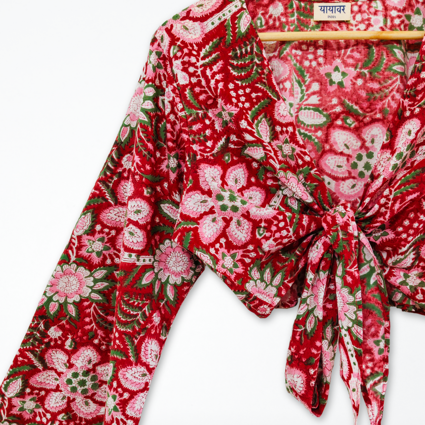 Red Floral Hand Block Printed Cotton Tie Up, Wrap Around Boho Crop Top - Free Size