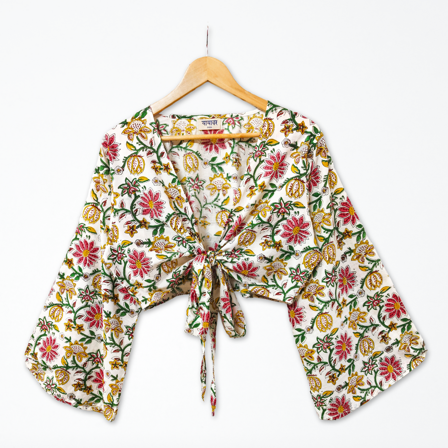 Floral Hand Block Printed Cotton Tie Up, Wrap Around Boho Crop Top - Free Size