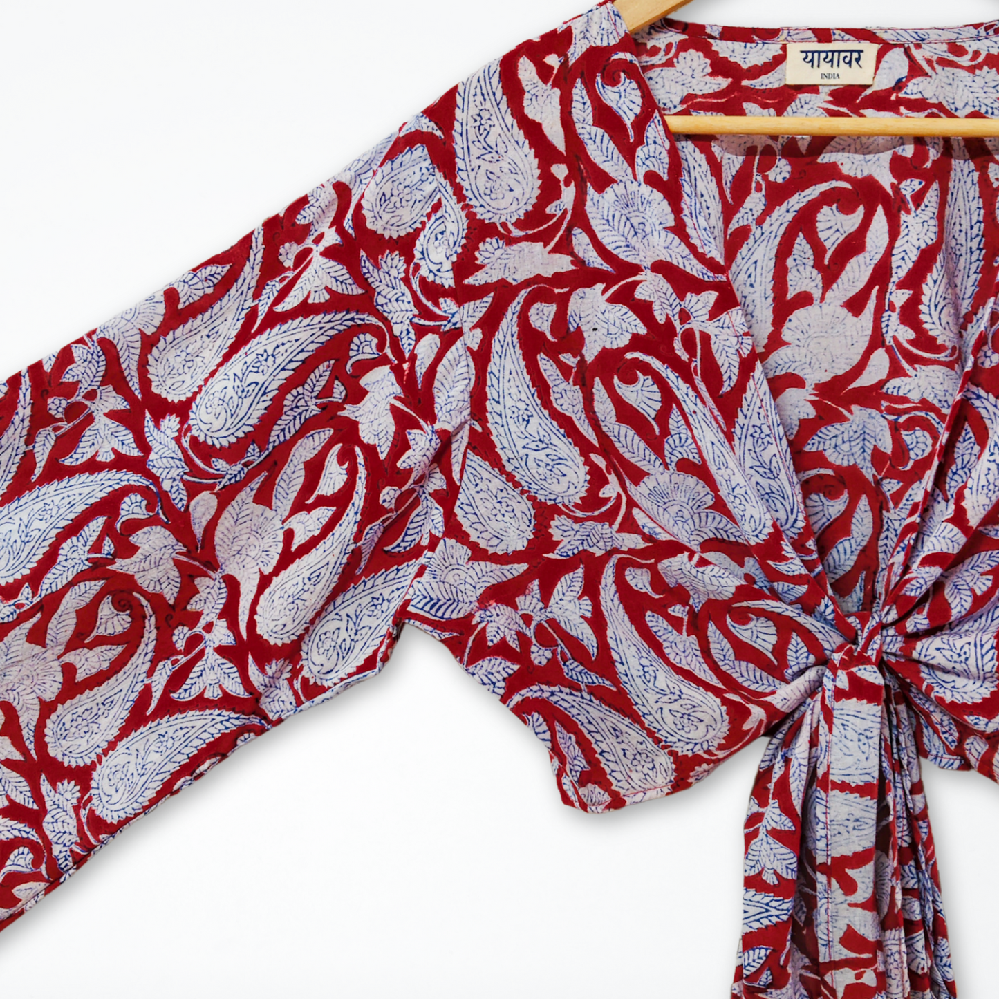Red Paisley Hand Block Printed Cotton Tie Up, Wrap Around Boho Crop Top - Free Size