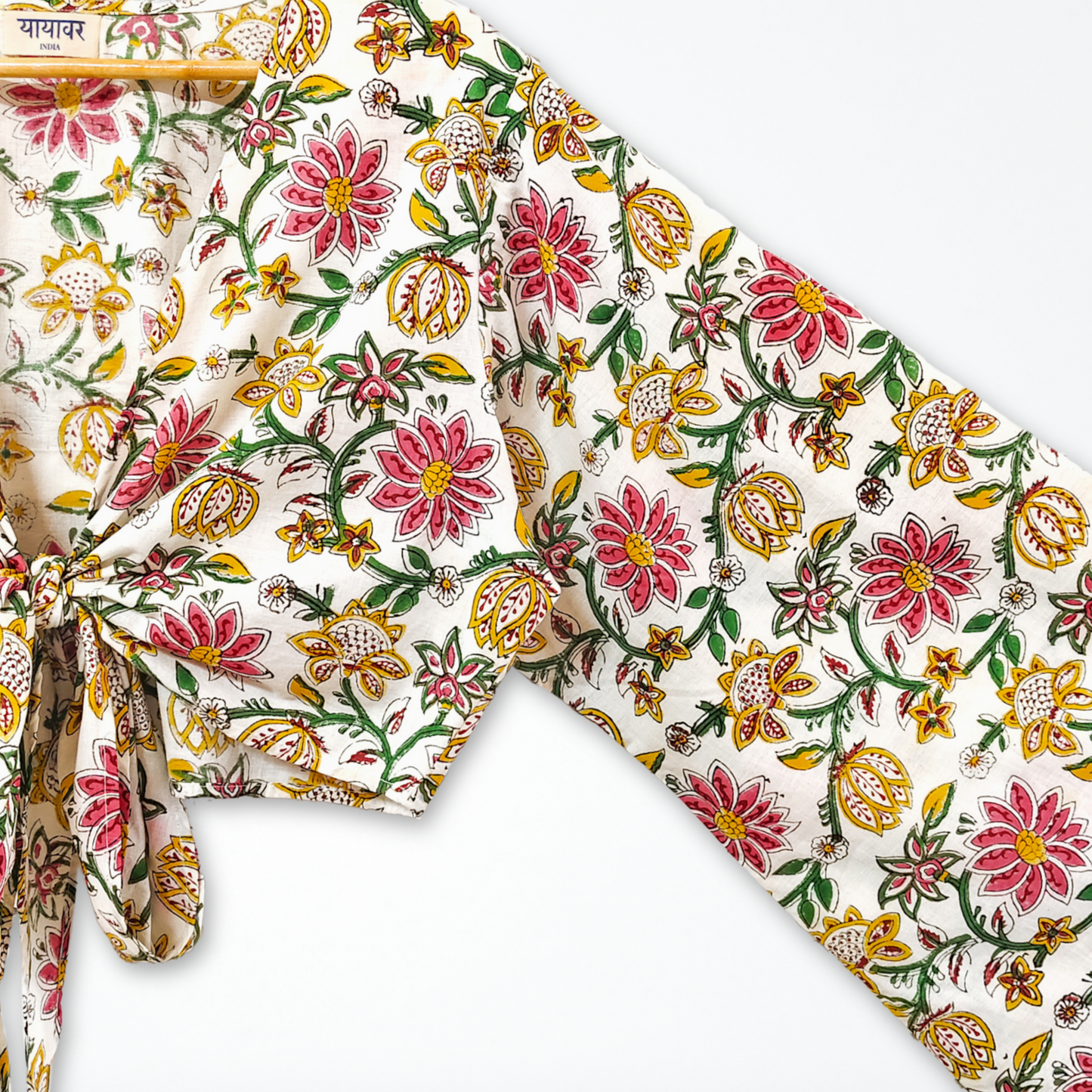 Floral Hand Block Printed Cotton Tie Up, Wrap Around Boho Crop Top - Free Size