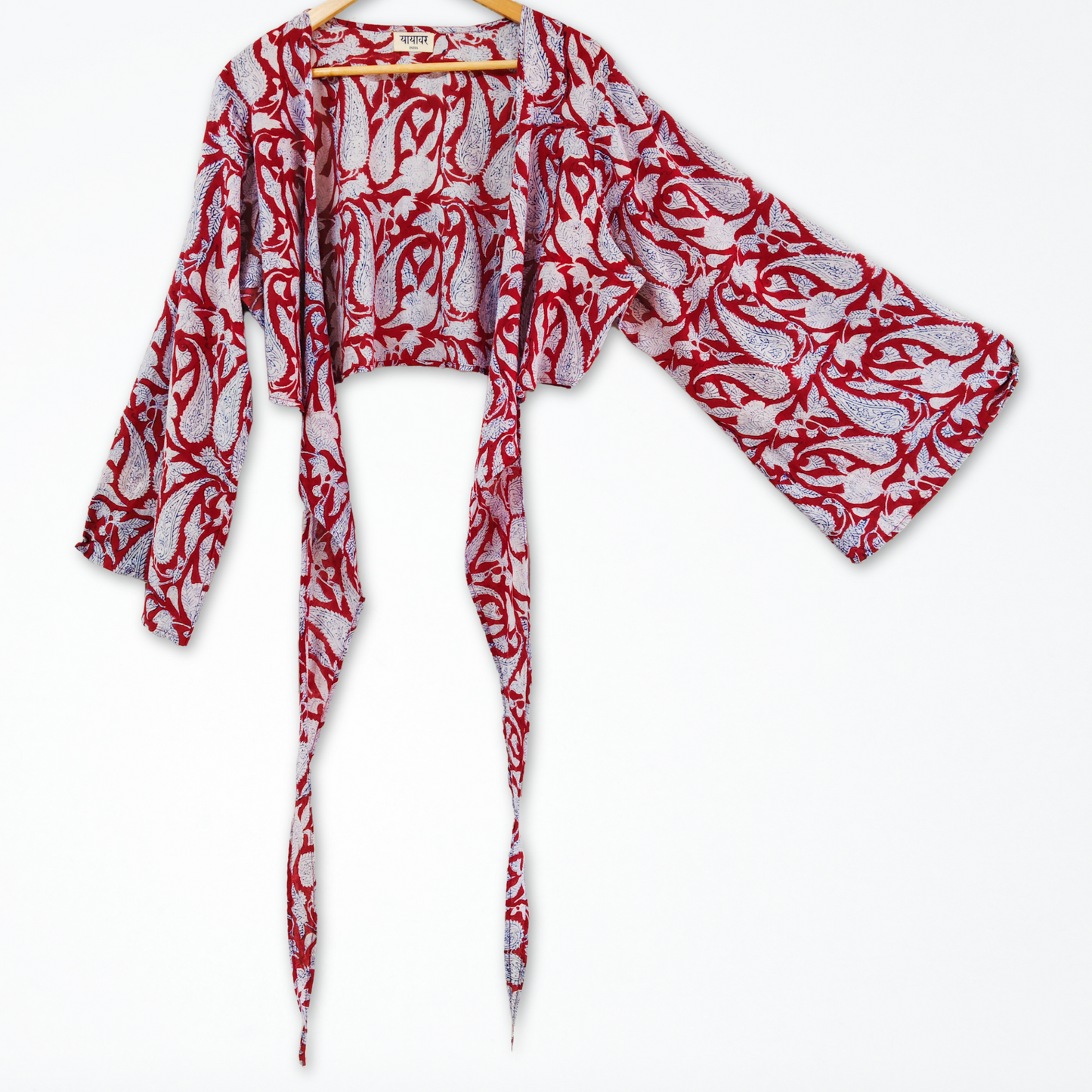 Red Paisley Hand Block Printed Cotton Tie Up, Wrap Around Boho Crop Top - Free Size