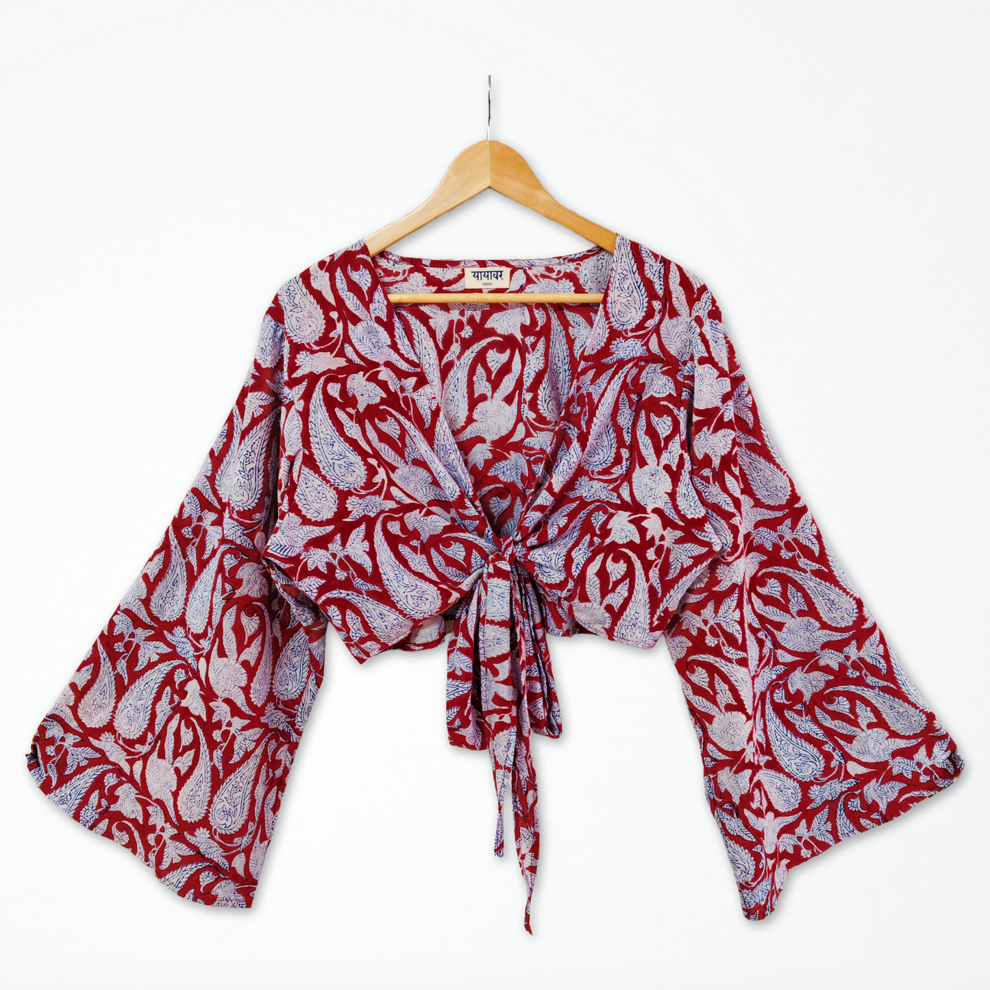 Red Paisley Hand Block Printed Cotton Tie Up, Wrap Around Boho Crop Top - Free Size