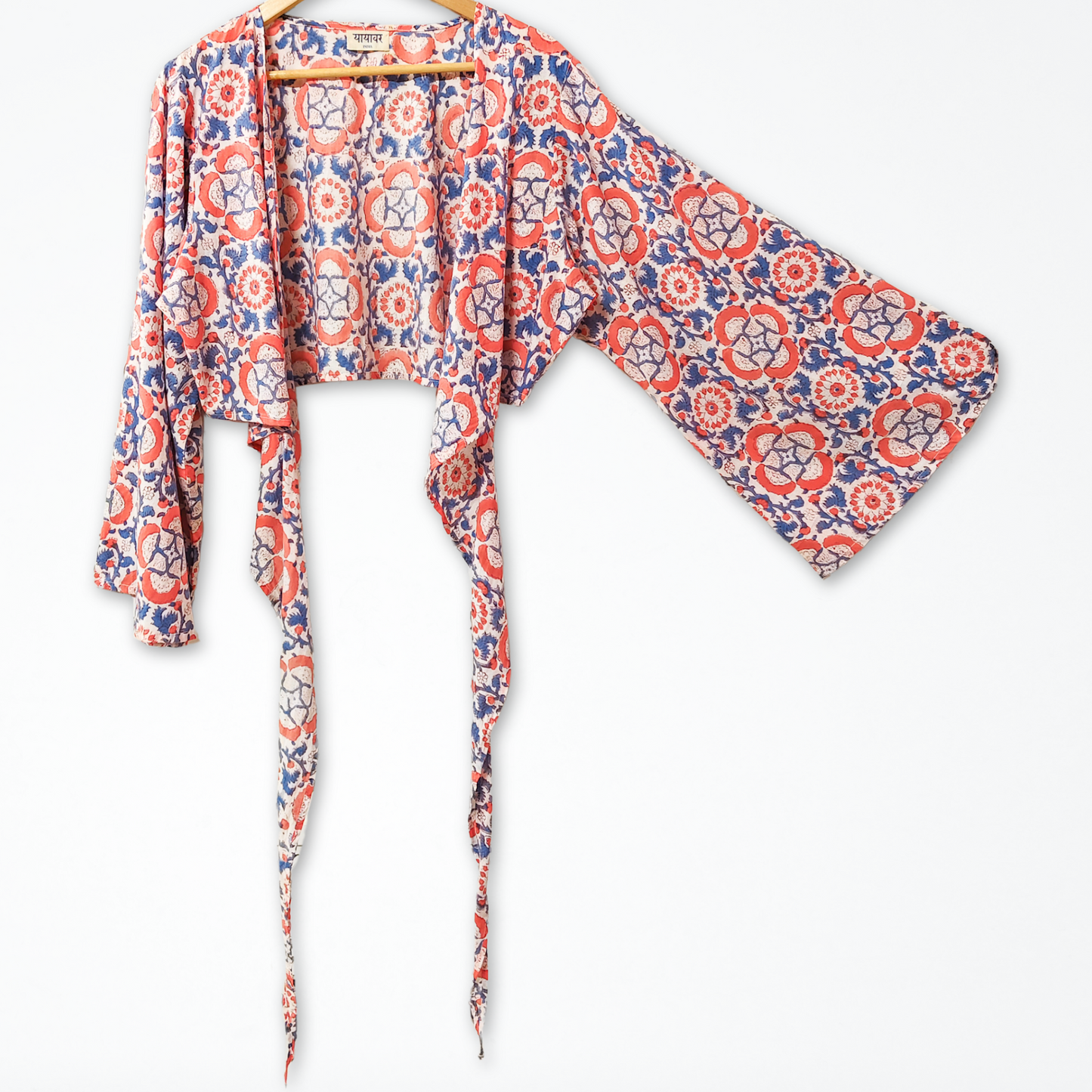 Floral Hand Block Printed Cotton Tie Up, Wrap Around Boho Crop Top - Free Size