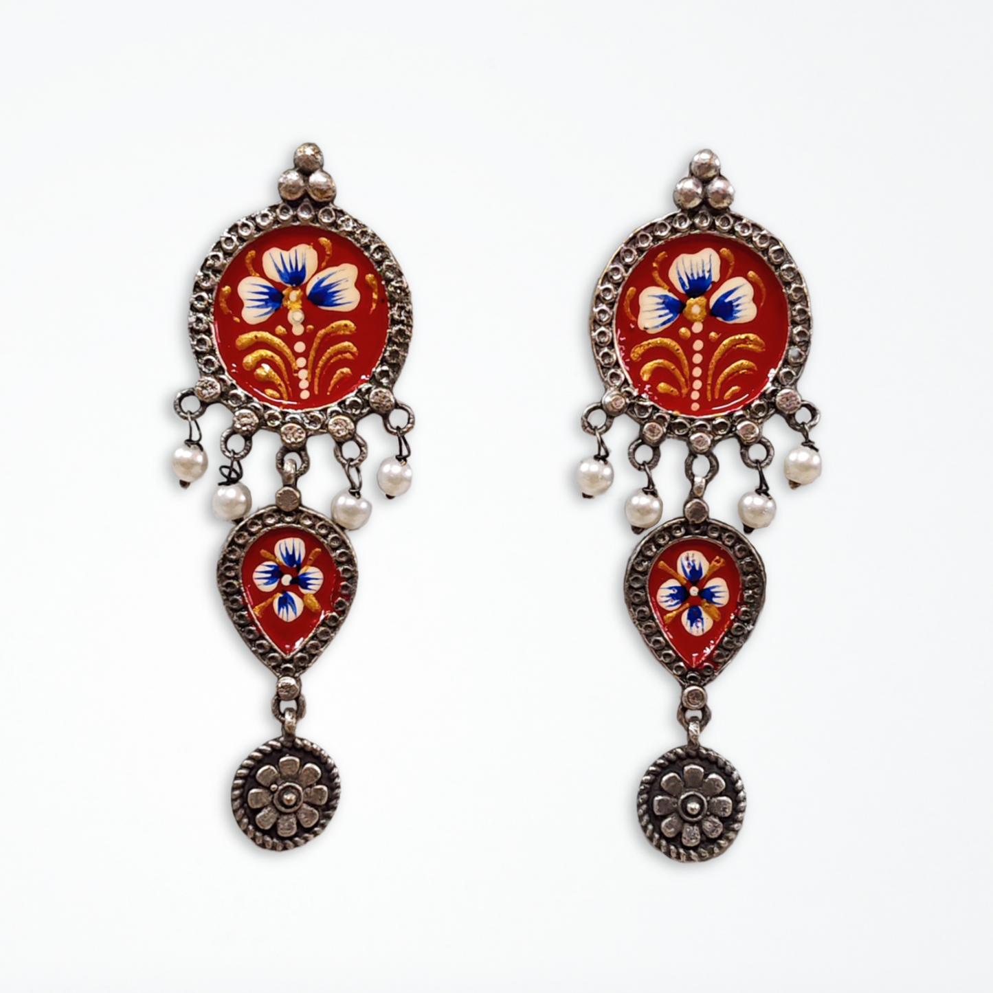 Hand Painted Red Earring, Brass with Oxidised Polish