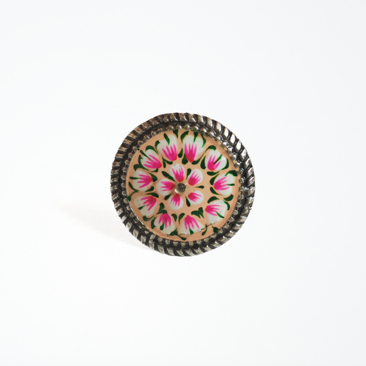 Hand Painted Floral Ring, Brass with Oxidised Polish