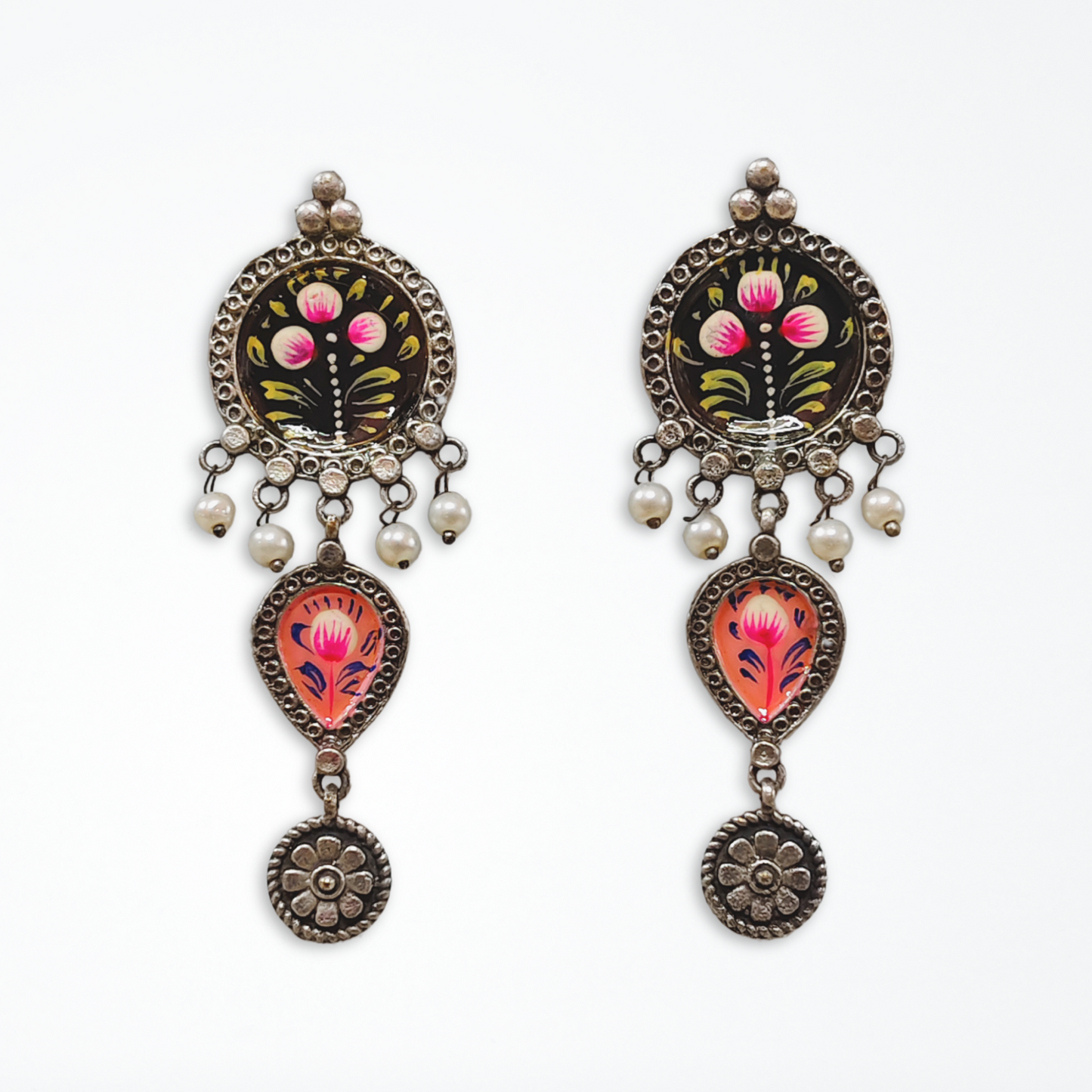 Hand Painted Black & Peach Earring, Brass with Oxidised Polish