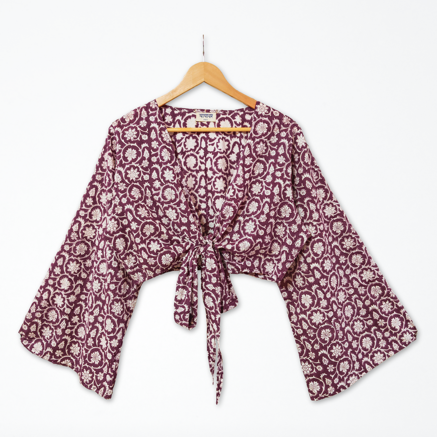 Purple Floral Hand Block Printed Cotton Tie Up, Wrap Around Boho Crop Top - Free Size