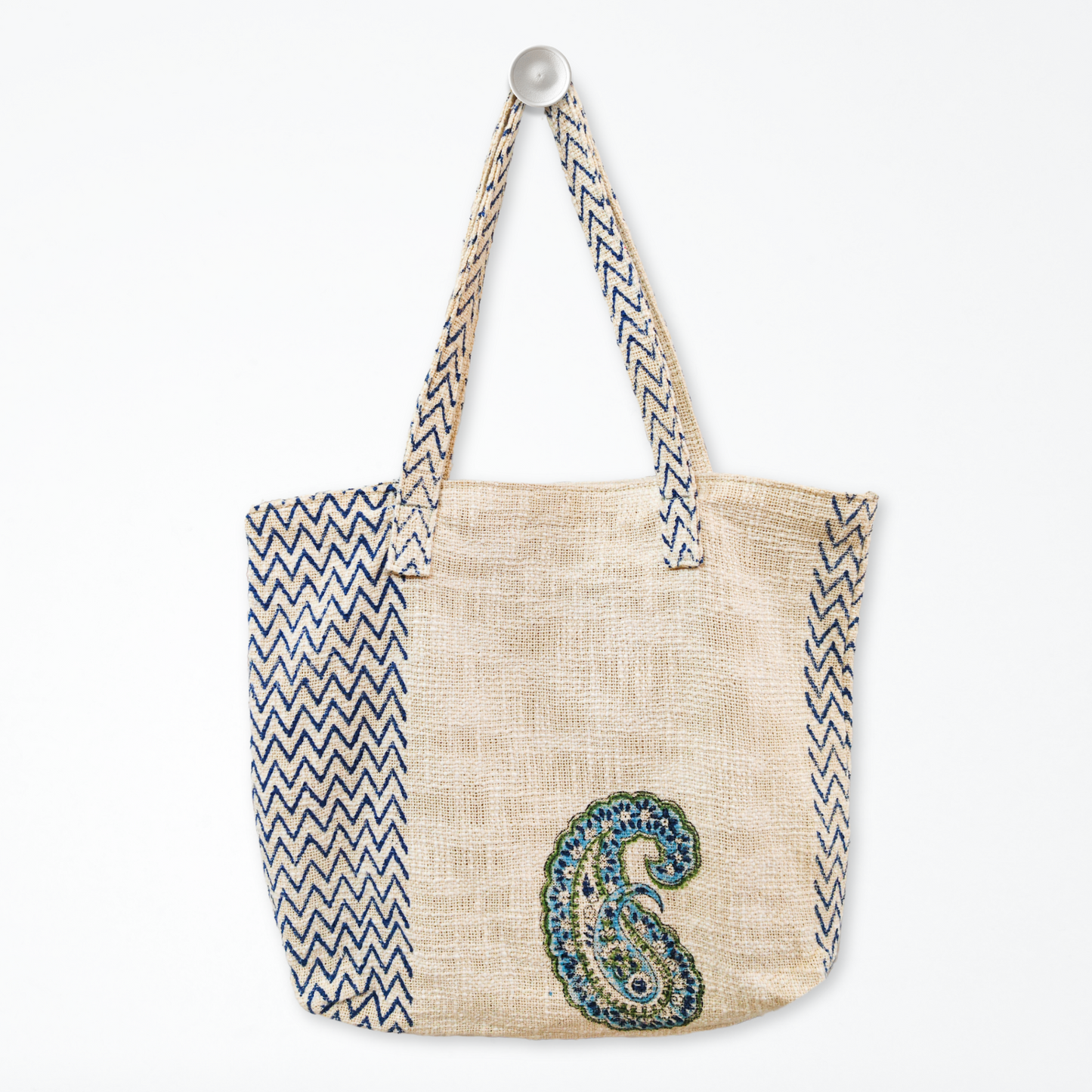 Hand Block Printed Cotton Tote Bag- Paisley with Geometric patterns