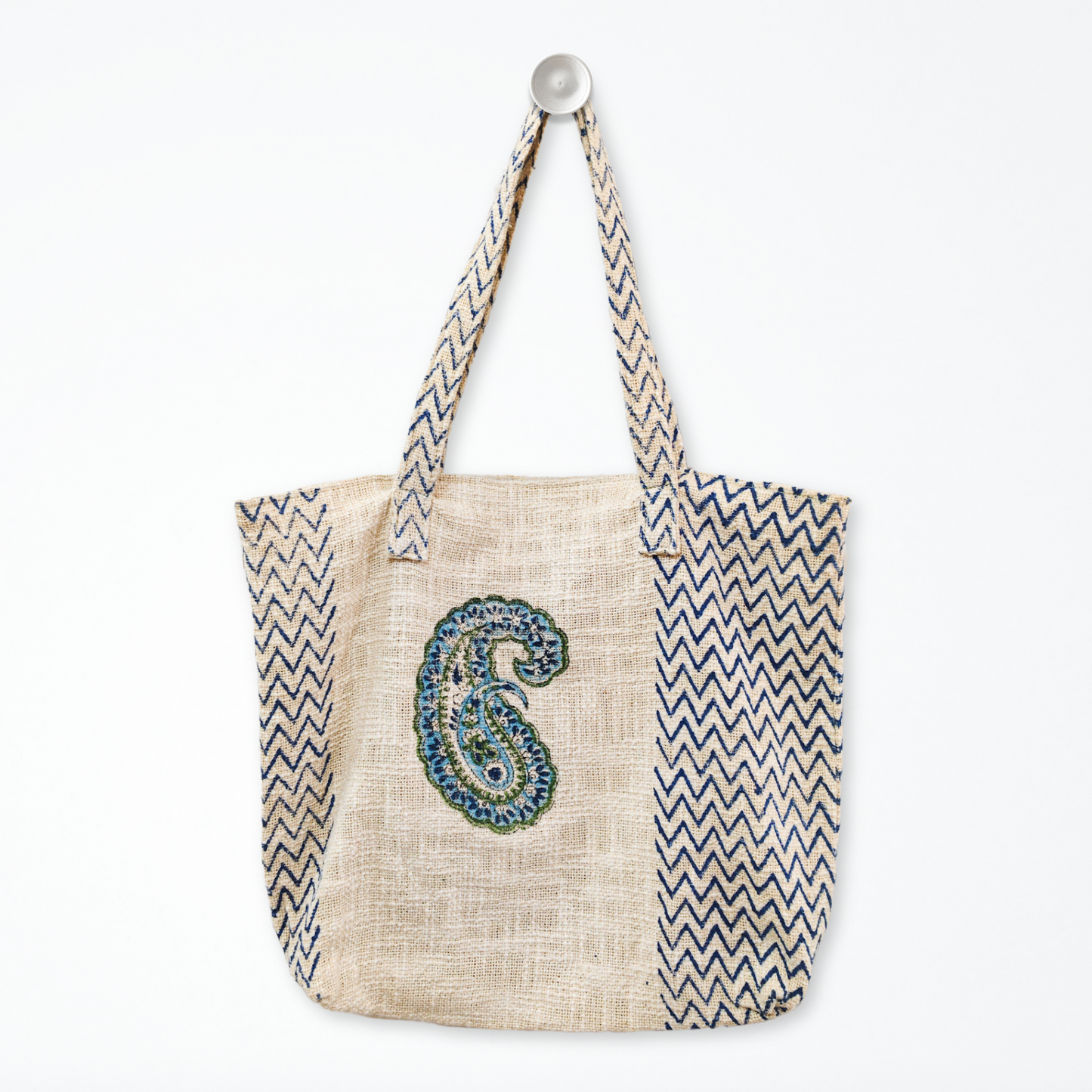 Hand Block Printed Cotton Tote Bag- Paisley with Geometric patterns