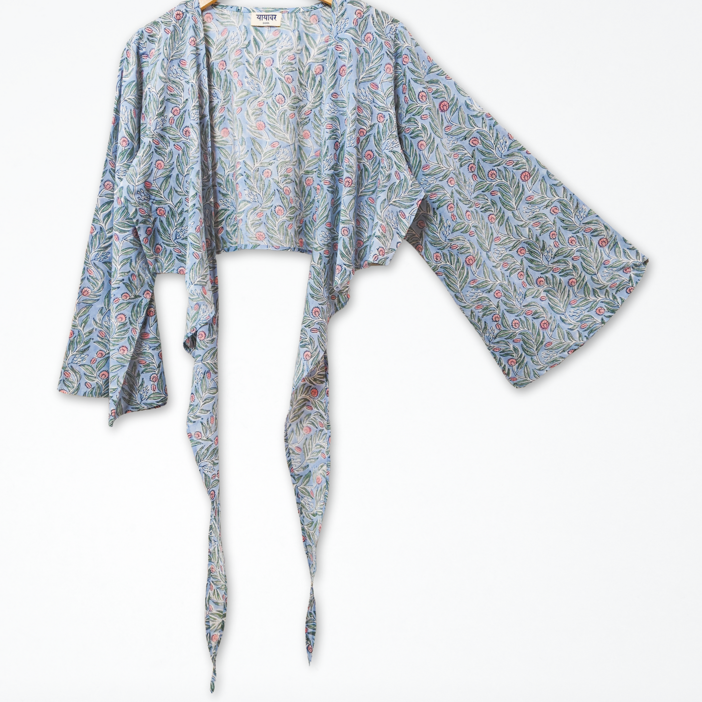 Blue Floral Hand Block Printed Cotton Tie Up, Wrap Around Boho Crop Top - Free Size