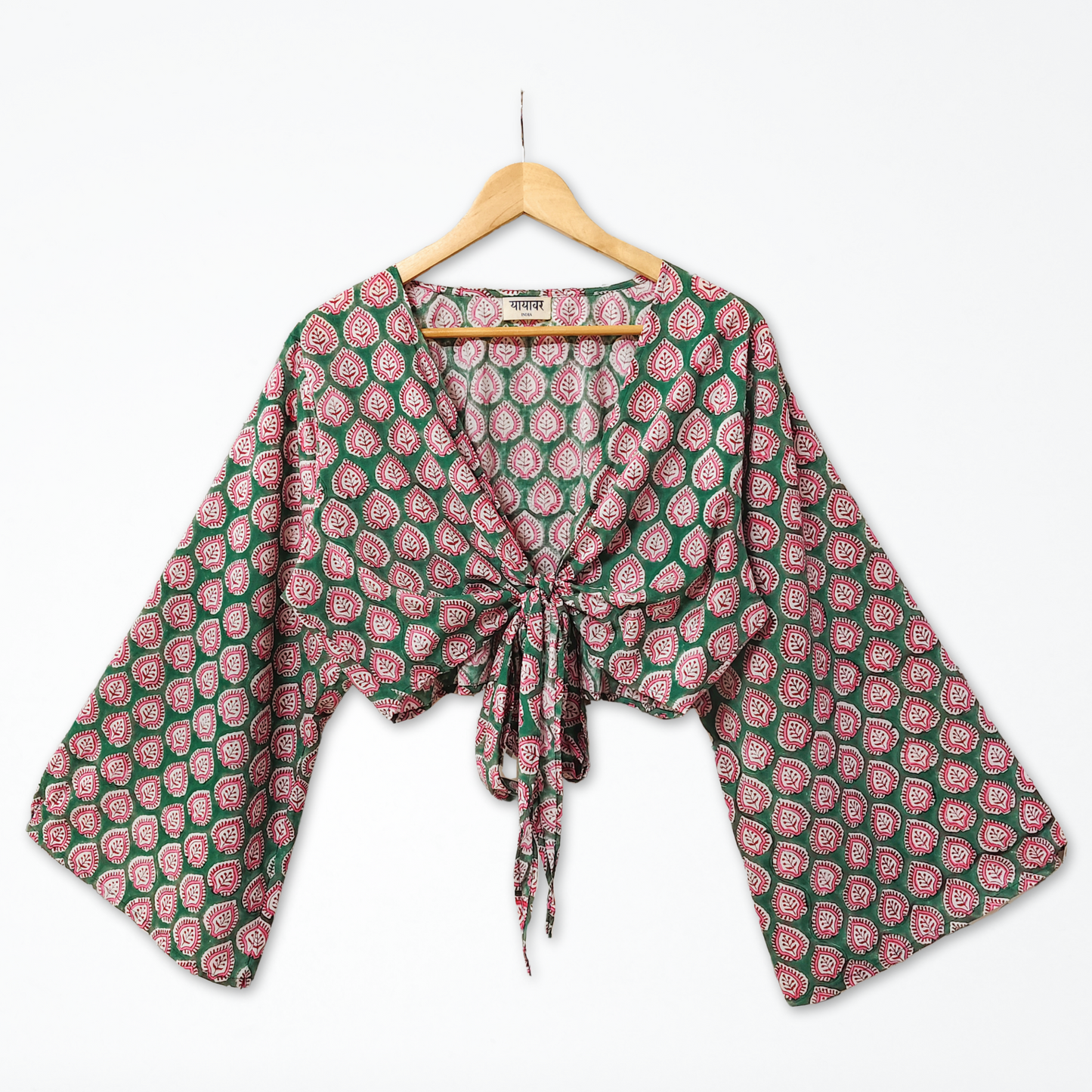 Green Hand Block Printed Cotton Tie Up, Wrap Around Boho Crop Top - Free Size