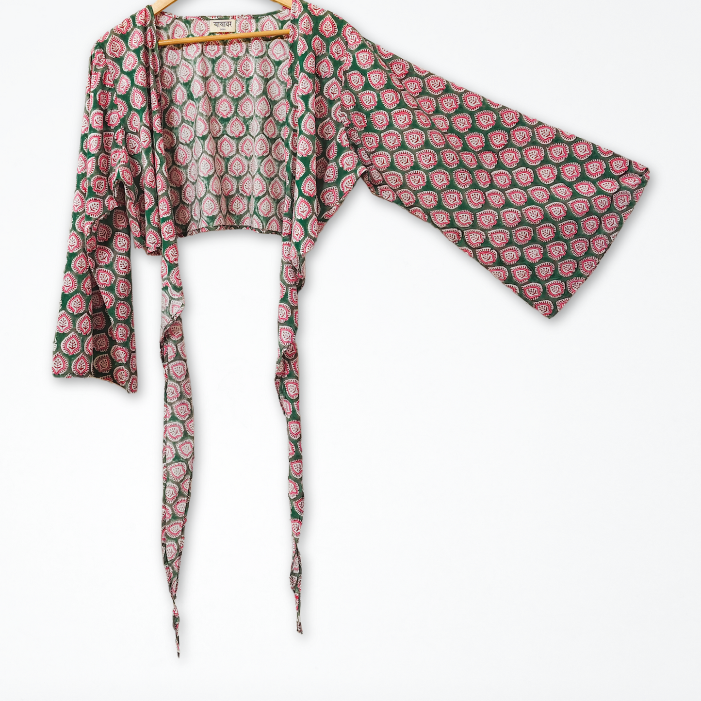 Green Hand Block Printed Cotton Tie Up, Wrap Around Boho Crop Top - Free Size