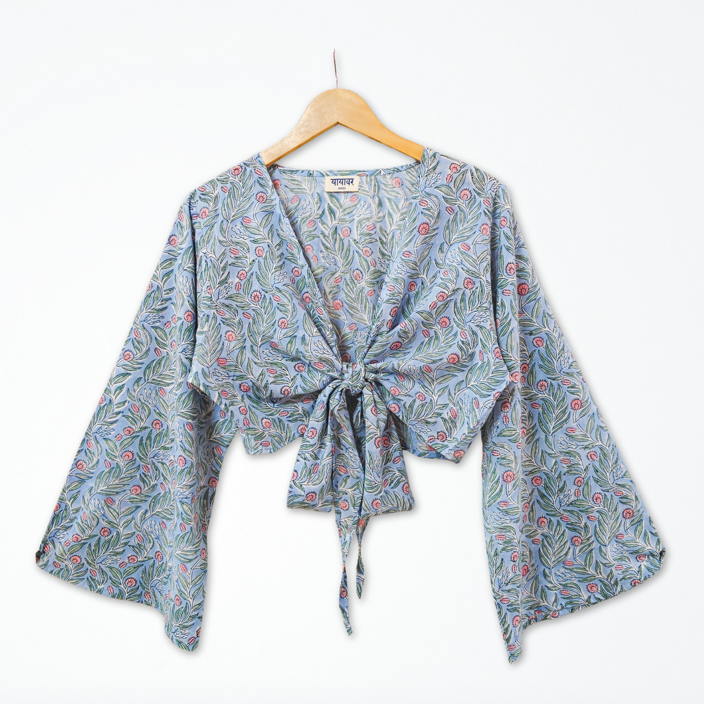 Blue Floral Hand Block Printed Cotton Tie Up, Wrap Around Boho Crop Top - Free Size