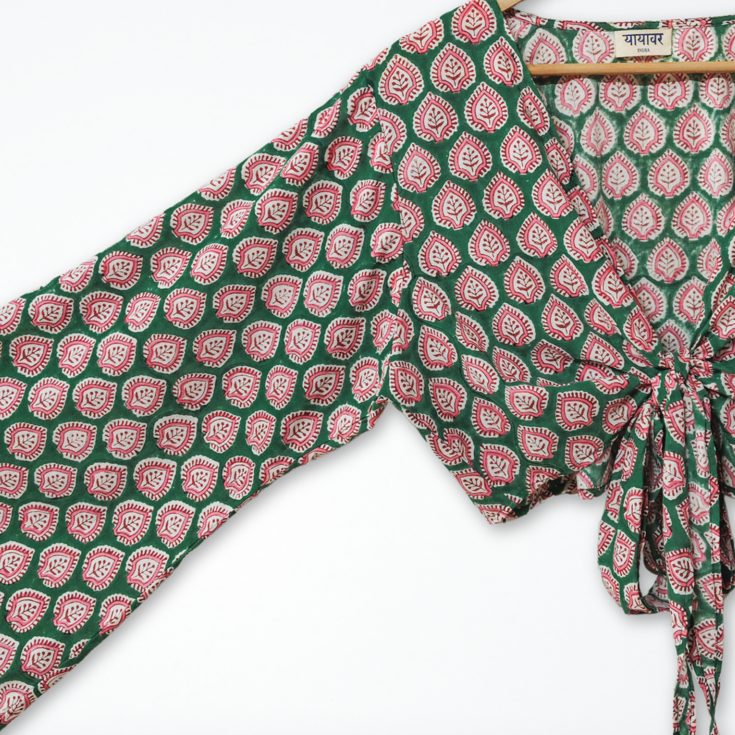 Green Hand Block Printed Cotton Tie Up, Wrap Around Boho Crop Top - Free Size