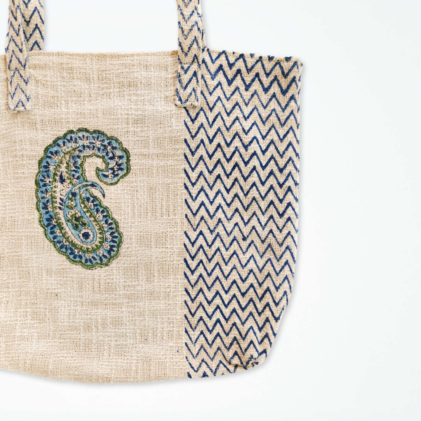 Hand Block Printed Cotton Tote Bag- Paisley with Geometric patterns