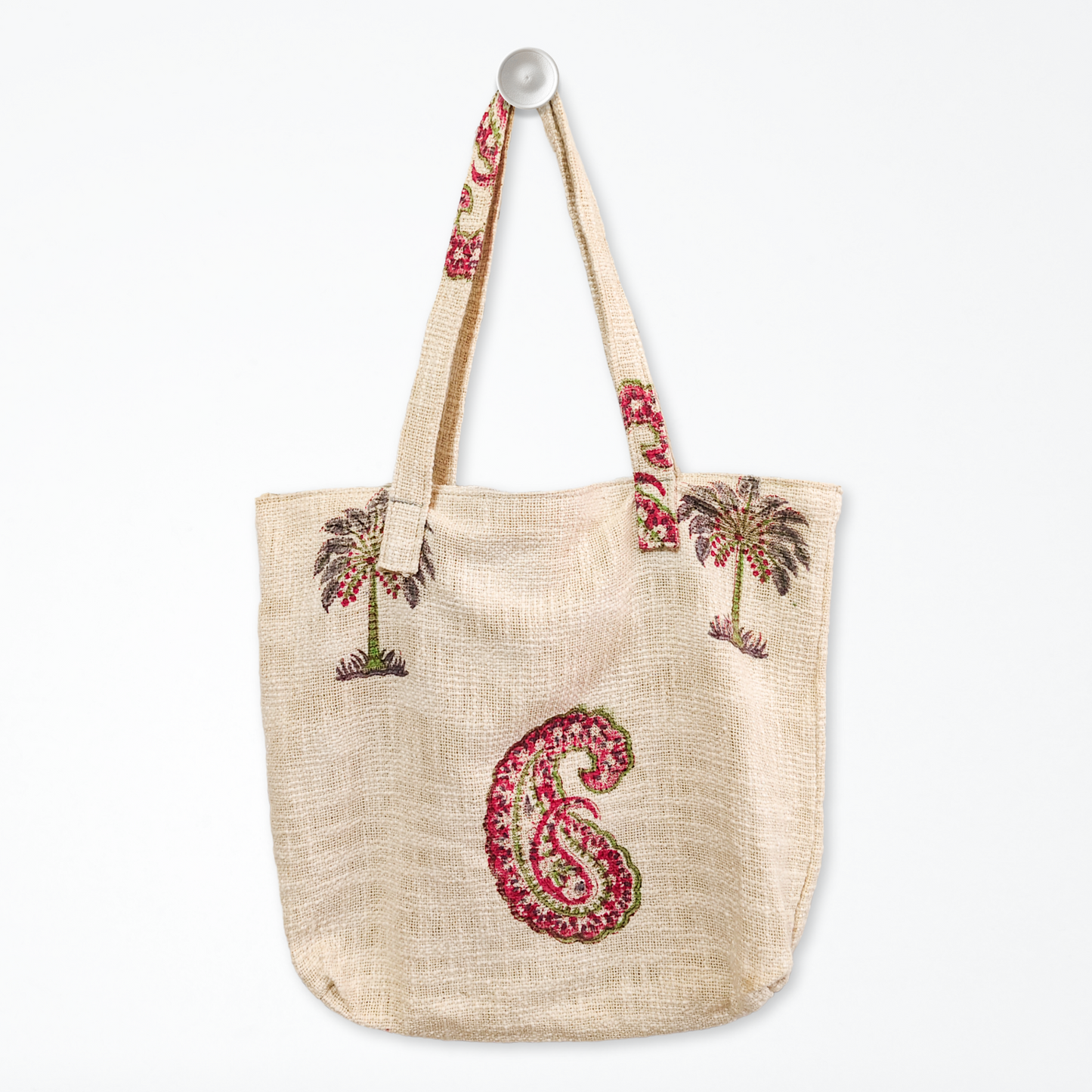 Hand Block Printed Cotton Tote Bag- Paisley with Palm Tree