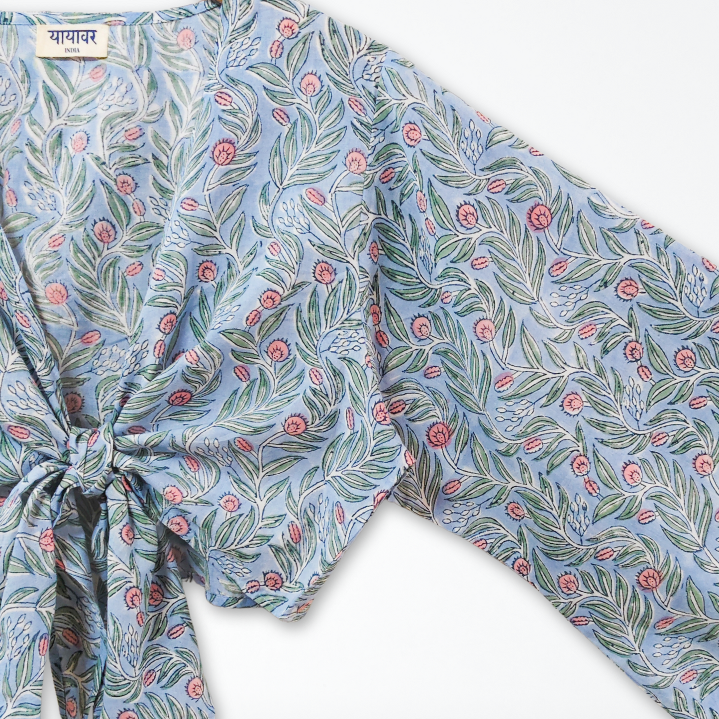Blue Floral Hand Block Printed Cotton Tie Up, Wrap Around Boho Crop Top - Free Size