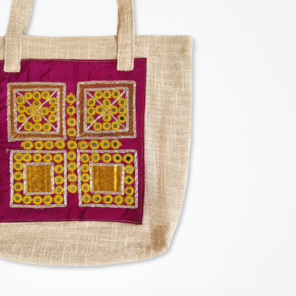 Cotton Tote Bag with Vintage Magenta & Gold Embroidered Patch