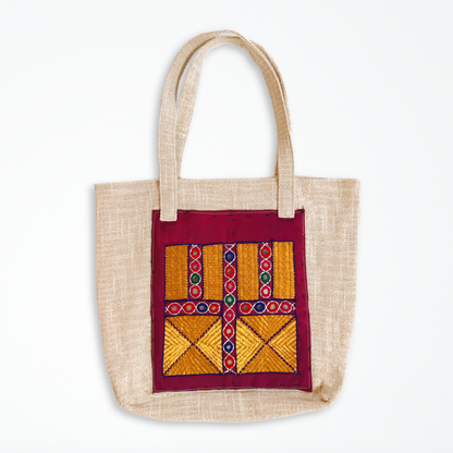 Cotton Tote Bag With Vintage Magenta & Gold Embroidered Patch