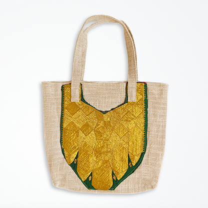 Cotton Tote Bag With Vintage Emerald & Gold Embroidered Patch