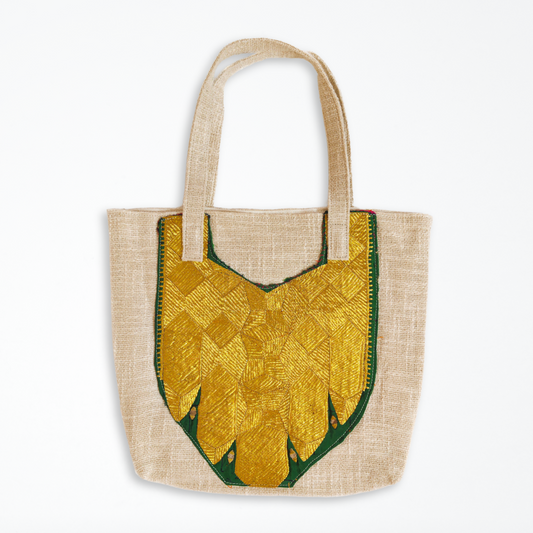 Cotton Tote Bag With Vintage Emerald & Gold Embroidered Patch