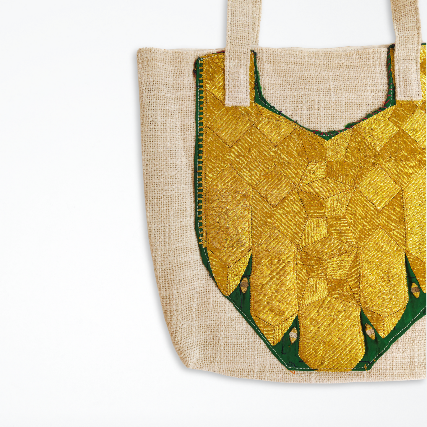 Cotton Tote Bag With Vintage Emerald & Gold Embroidered Patch