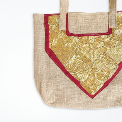 Cotton Tote Bag With Vintage Magenta & Light Gold Embroidered Patch