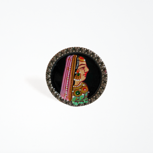 Hand Painted Queen Portrait Ring, Brass with Oxidised Polish