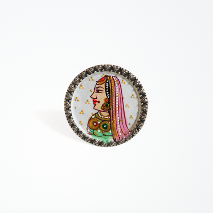 Hand Painted Queen Portrait Ring, Brass with Oxidised Polish