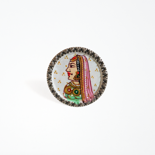 Hand Painted Queen Portrait Ring, Brass with Oxidised Polish