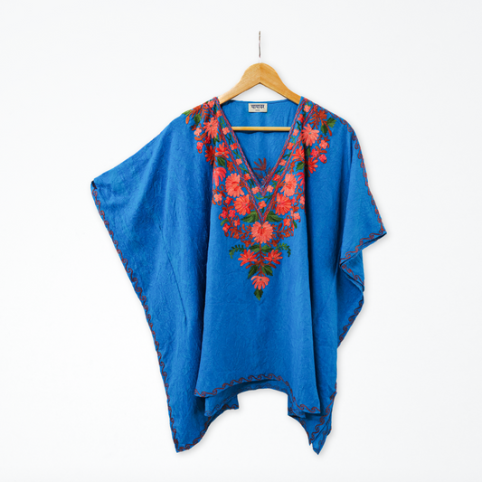 Blue Cotton Kashmiri Kaftan Top - Multicolour Aari Embroidery