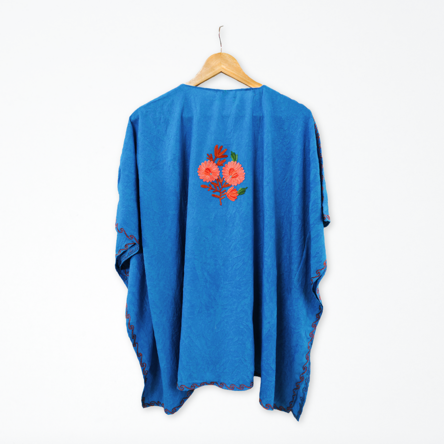 Blue Cotton Kashmiri Kaftan Top - Multicolour Aari Embroidery