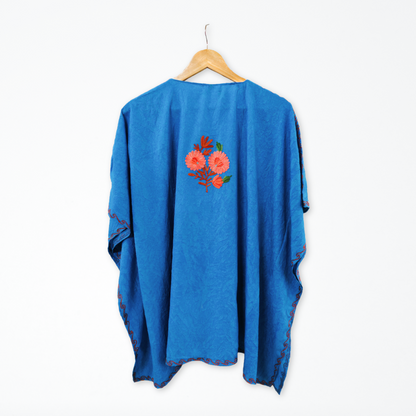 Blue Cotton Kashmiri Kaftan Top - Multicolour Aari Embroidery