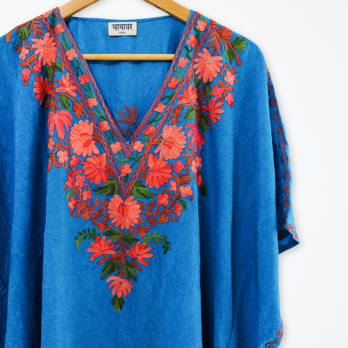 Blue Cotton Kashmiri Kaftan Top - Multicolour Aari Embroidery
