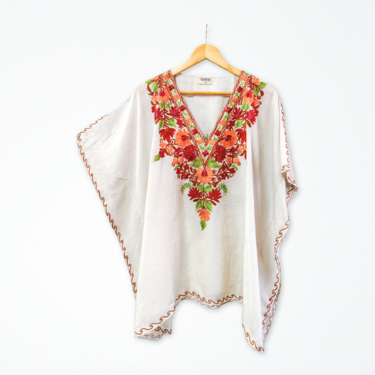 White Cotton Kashmiri Kaftan Top - Multicolour Aari Embroidery