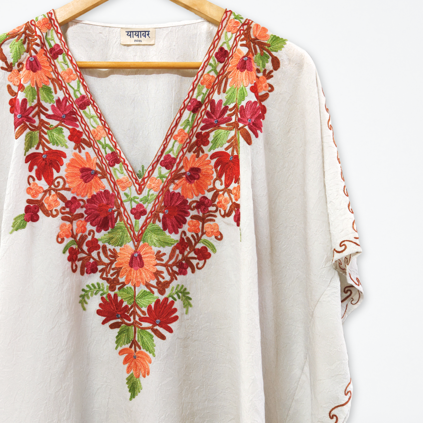 White Cotton Kashmiri Kaftan Top - Multicolour Aari Embroidery