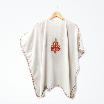 White Cotton Kashmiri Kaftan Top - Multicolour Aari Embroidery