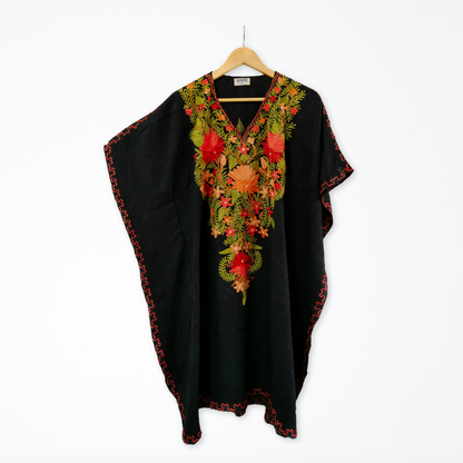 Black Cotton Kashmiri Kaftan - Multicolour Aari Embroidery - Short