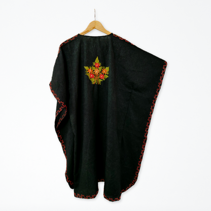 Black Cotton Kashmiri Kaftan - Multicolour Aari Embroidery - Short